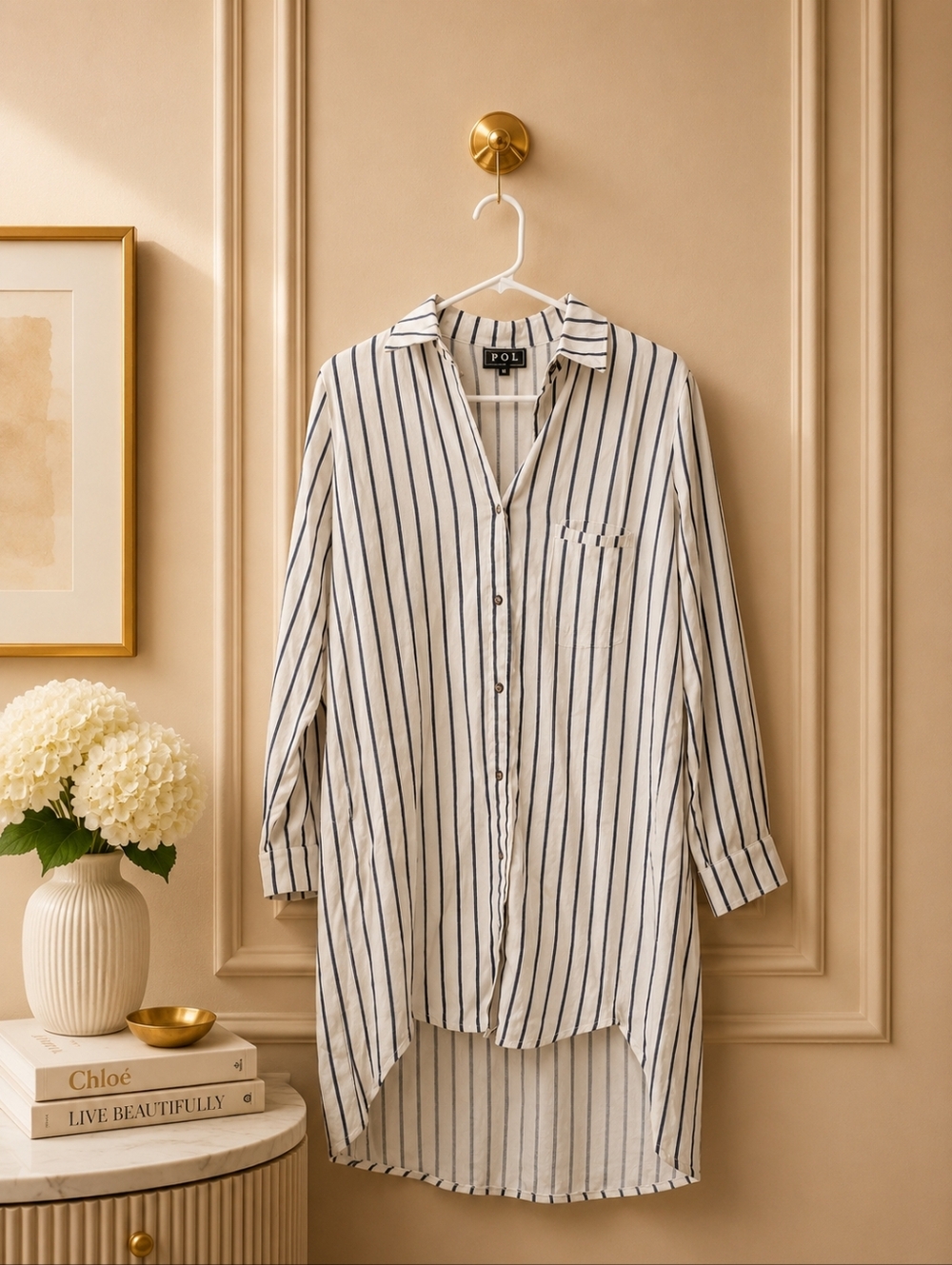 POL Medium Cream and Navy Striped High-Low Shirt Dress